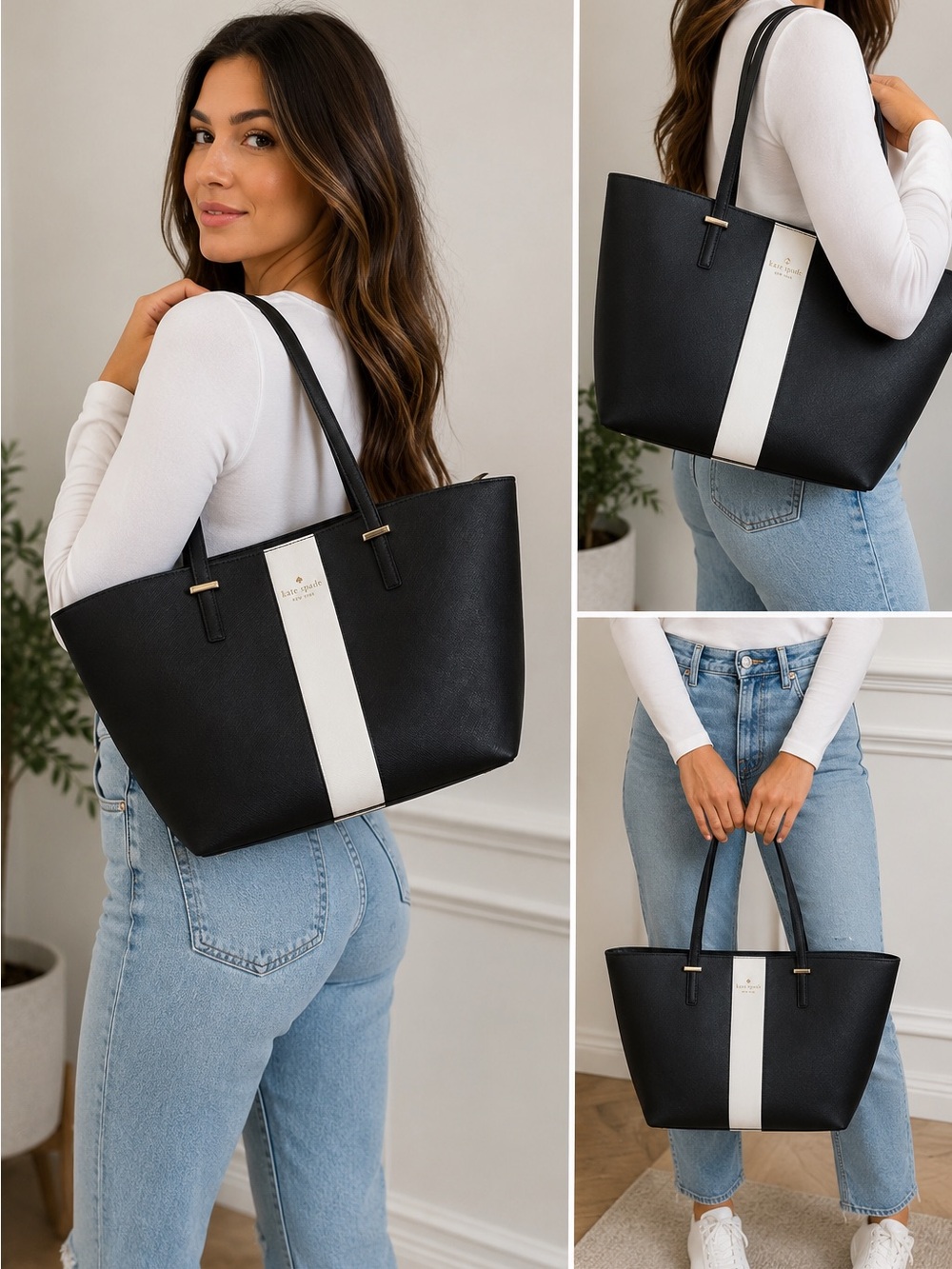 Kate Spade Racing med Harmony Black Tote with White Center Block Stripe - Picture 1 of 8